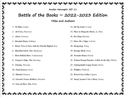 Battle of the Books list